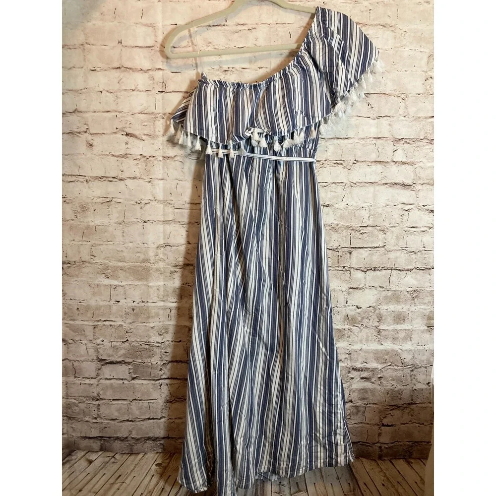 Isabel Maternity Dress Womens Medium Blue Vertical Striped Tasseled One Shoulder - Picture 14 of 16